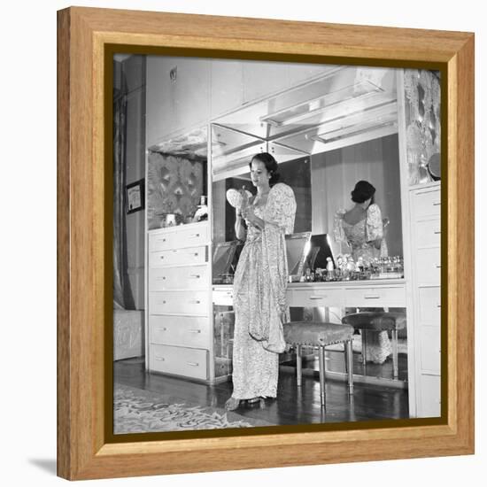 1949: Consuelo Madrigal Putting Make Up on for a Party-Jack Birns-Framed Premier Image Canvas