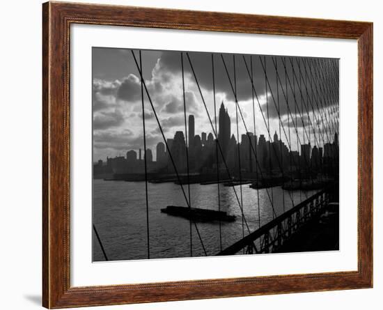 1950s-1960s Downtown Manhattan Skyline from Brooklyn Bridge Barge in East River NYC-null-Framed Photographic Print