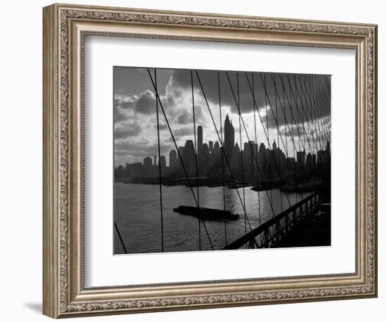 1950s-1960s Downtown Manhattan Skyline from Brooklyn Bridge Barge in East River NYC-null-Framed Photographic Print