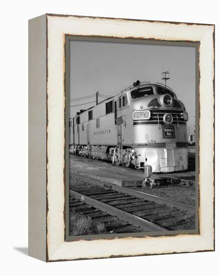 1950s-1960s Streamlined Burlington Route Railroad Train Diesel Locomotive Engine at Station-null-Framed Premier Image Canvas