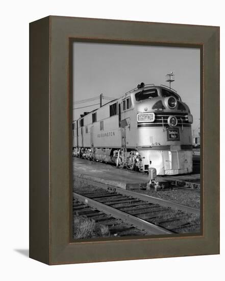 1950s-1960s Streamlined Burlington Route Railroad Train Diesel Locomotive Engine at Station-null-Framed Premier Image Canvas
