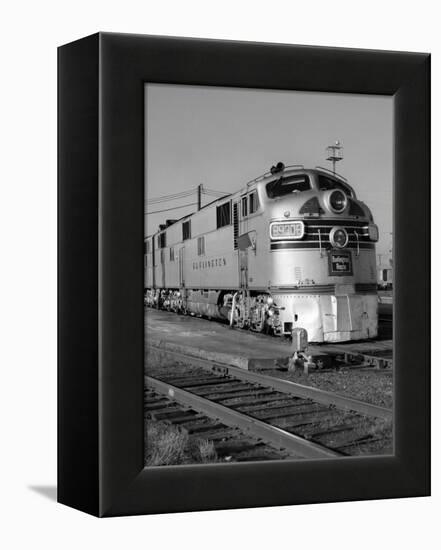 1950s-1960s Streamlined Burlington Route Railroad Train Diesel Locomotive Engine at Station-null-Framed Premier Image Canvas