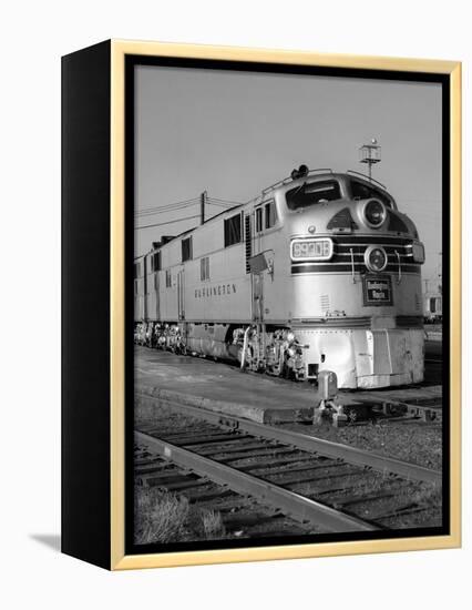 1950s-1960s Streamlined Burlington Route Railroad Train Diesel Locomotive Engine at Station-null-Framed Premier Image Canvas