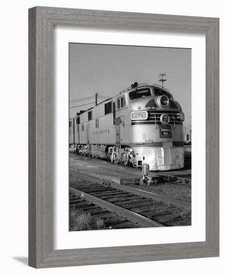 1950s-1960s Streamlined Burlington Route Railroad Train Diesel Locomotive Engine at Station-null-Framed Photographic Print