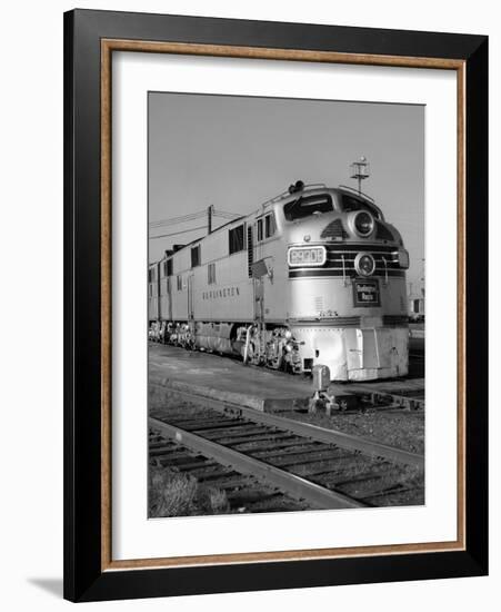 1950s-1960s Streamlined Burlington Route Railroad Train Diesel Locomotive Engine at Station-null-Framed Photographic Print