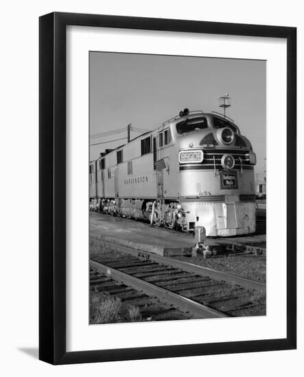 1950s-1960s Streamlined Burlington Route Railroad Train Diesel Locomotive Engine at Station-null-Framed Photographic Print