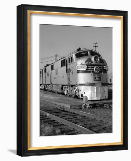 1950s-1960s Streamlined Burlington Route Railroad Train Diesel Locomotive Engine at Station-null-Framed Photographic Print