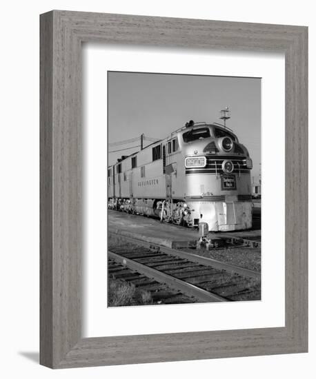 1950s-1960s Streamlined Burlington Route Railroad Train Diesel Locomotive Engine at Station-null-Framed Photographic Print