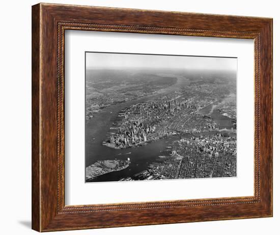 1950s Aerial View of Manhattan Island on Left Is Hudson River on Right Is East River and Brooklyn-null-Framed Photographic Print