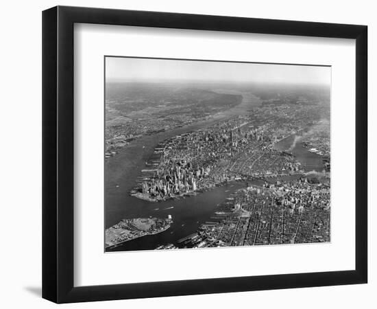 1950s Aerial View of Manhattan Island on Left Is Hudson River on Right Is East River and Brooklyn-null-Framed Photographic Print