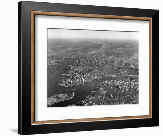 1950s Aerial View of Manhattan Island on Left Is Hudson River on Right Is East River and Brooklyn-null-Framed Photographic Print