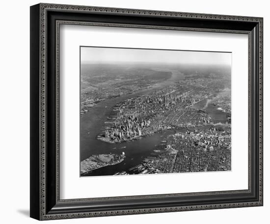 1950s Aerial View of Manhattan Island on Left Is Hudson River on Right Is East River and Brooklyn-null-Framed Photographic Print
