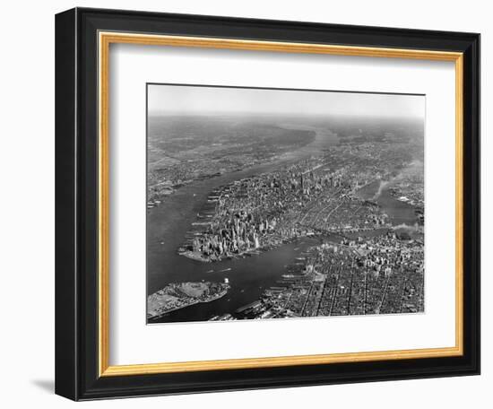 1950s Aerial View of Manhattan Island on Left Is Hudson River on Right Is East River and Brooklyn-null-Framed Photographic Print