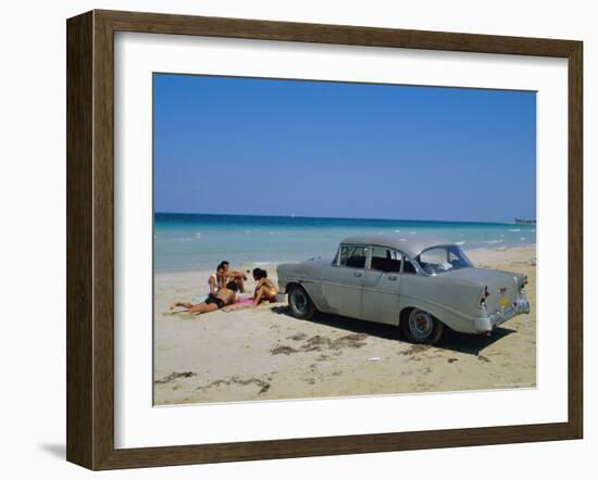 1950s American Car on the Beach, Goanabo, Cuba, Caribbean Sea, Central America-Bruno Morandi-Framed Photographic Print