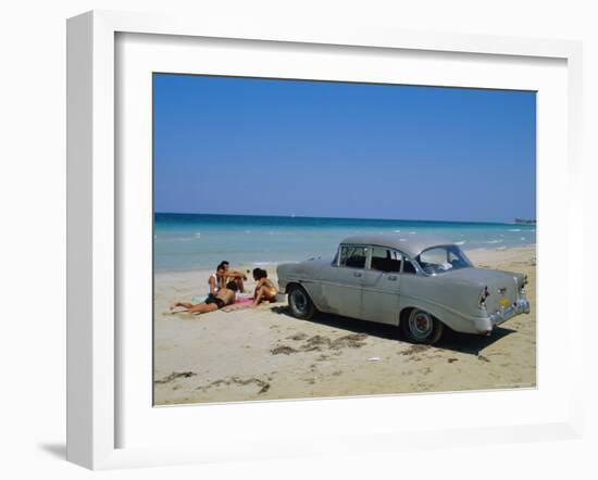 1950s American Car on the Beach, Goanabo, Cuba, Caribbean Sea, Central America-Bruno Morandi-Framed Photographic Print