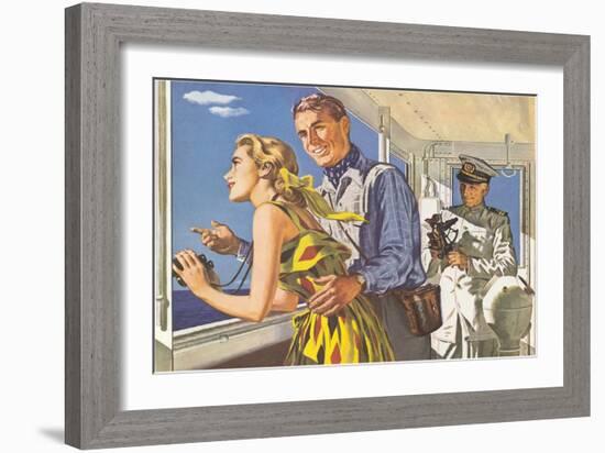 1950s Couple in Cockpit of Cruise Ship-null-Framed Art Print