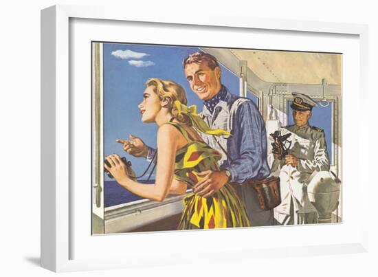 1950s Couple in Cockpit of Cruise Ship-null-Framed Art Print