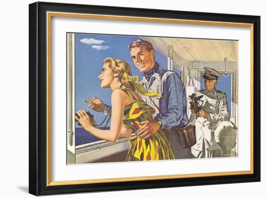 1950s Couple in Cockpit of Cruise Ship-null-Framed Art Print