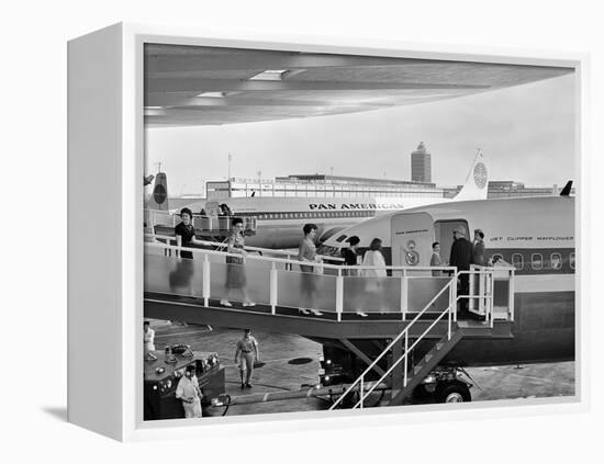 1950s Men and Women Walking Down Ramp Boarding Commercial Jet Airliner Idlewild Airport, New York-null-Framed Premier Image Canvas