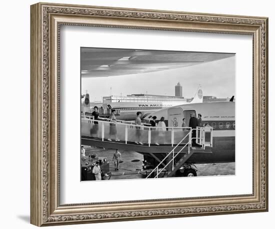 1950s Men and Women Walking Down Ramp Boarding Commercial Jet Airliner Idlewild Airport, New York-null-Framed Photographic Print