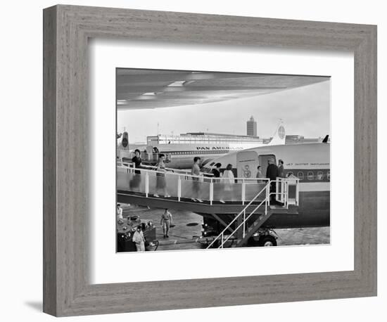 1950s Men and Women Walking Down Ramp Boarding Commercial Jet Airliner Idlewild Airport, New York-null-Framed Photographic Print