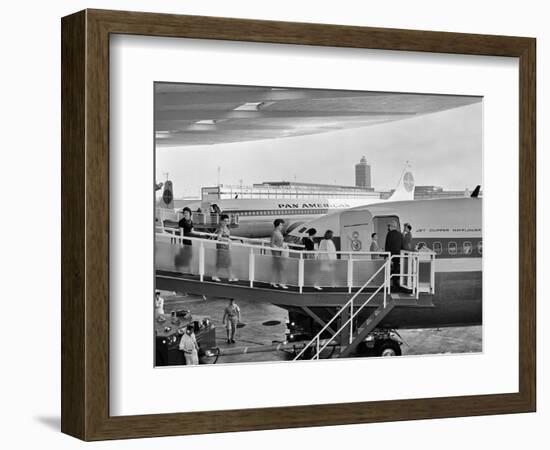 1950s Men and Women Walking Down Ramp Boarding Commercial Jet Airliner Idlewild Airport, New York-null-Framed Photographic Print