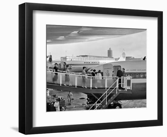 1950s Men and Women Walking Down Ramp Boarding Commercial Jet Airliner Idlewild Airport, New York-null-Framed Photographic Print