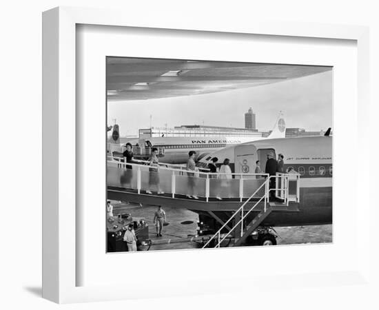 1950s Men and Women Walking Down Ramp Boarding Commercial Jet Airliner Idlewild Airport, New York-null-Framed Photographic Print