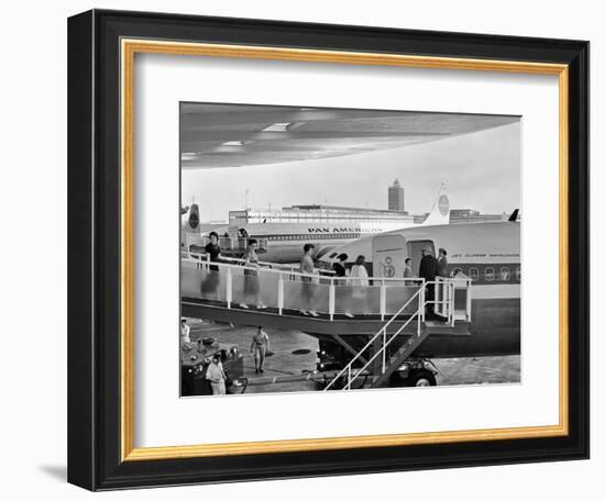 1950s Men and Women Walking Down Ramp Boarding Commercial Jet Airliner Idlewild Airport, New York-null-Framed Photographic Print