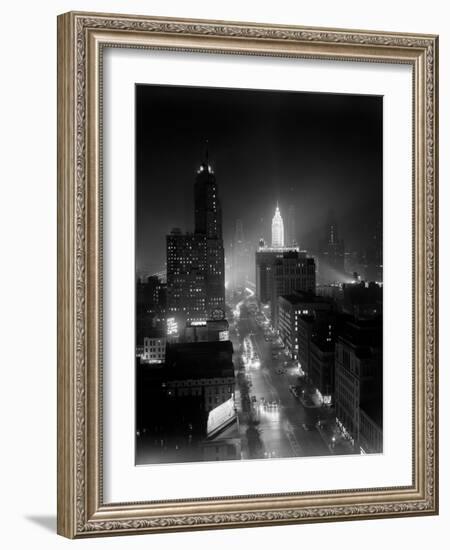 1950s Night Aerial Chicago, Illinois Looking Down on Michigan Avenue-null-Framed Photographic Print