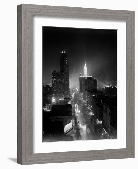 1950s Night Aerial Chicago, Illinois Looking Down on Michigan Avenue-null-Framed Photographic Print