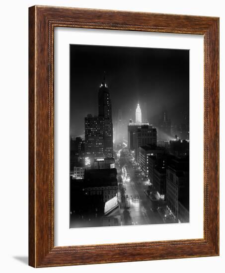 1950s Night Aerial Chicago, Illinois Looking Down on Michigan Avenue-null-Framed Photographic Print