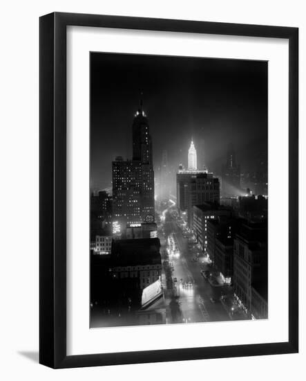 1950s Night Aerial Chicago, Illinois Looking Down on Michigan Avenue-null-Framed Photographic Print