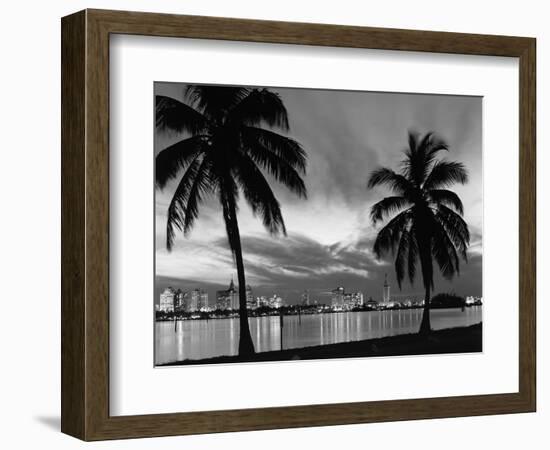 1950s Night Skyline View across the Bay Two Palm Trees Silhouetted in Foreground Miami, Florida-null-Framed Photographic Print