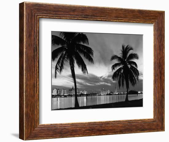 1950s Night Skyline View across the Bay Two Palm Trees Silhouetted in Foreground Miami, Florida-null-Framed Photographic Print