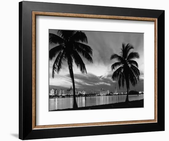 1950s Night Skyline View across the Bay Two Palm Trees Silhouetted in Foreground Miami, Florida-null-Framed Photographic Print