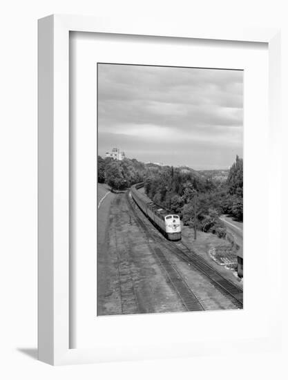 1950s Overhead View of Streamlined Front Cab Diesel Locomotive Passenger Railroad Train Passing-null-Framed Photographic Print