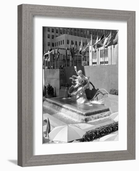 1950s Rockefeller Center Prometheus Fountain and United Nations Flags New York City-null-Framed Photographic Print