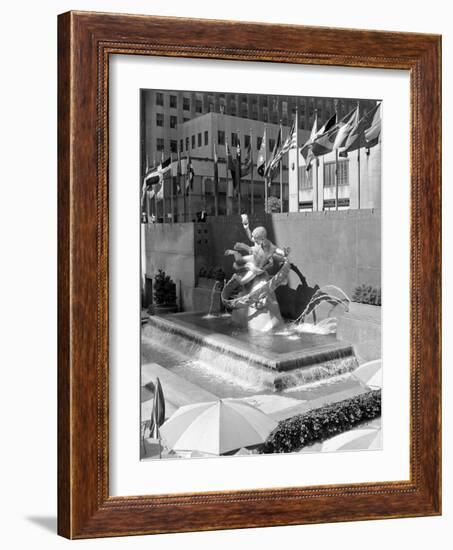 1950s Rockefeller Center Prometheus Fountain and United Nations Flags New York City-null-Framed Photographic Print