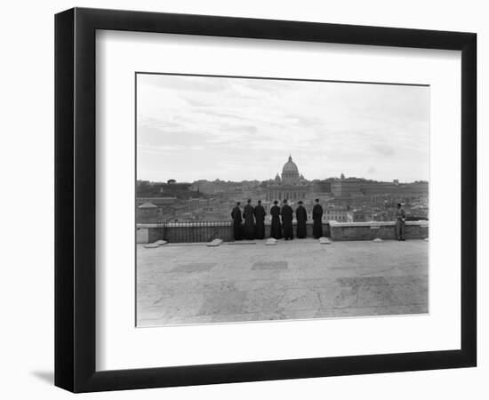 1950s Rome,, Italy Back View of Student Priests Lined Up by Wall Overlooking City with View-null-Framed Photographic Print