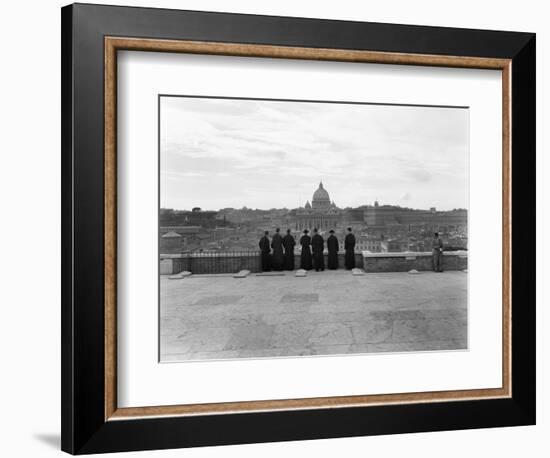 1950s Rome,, Italy Back View of Student Priests Lined Up by Wall Overlooking City with View-null-Framed Photographic Print