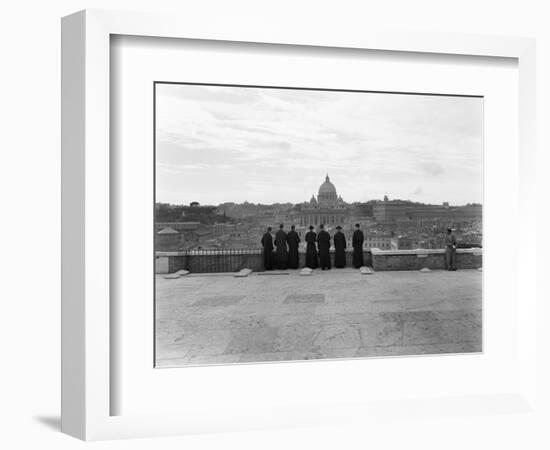 1950s Rome,, Italy Back View of Student Priests Lined Up by Wall Overlooking City with View-null-Framed Photographic Print