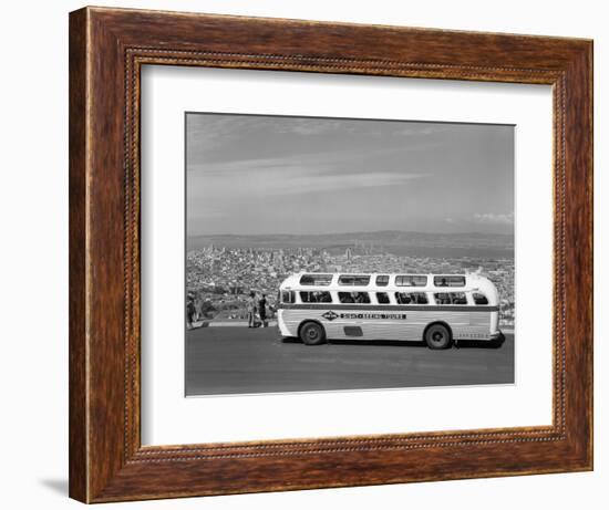 1950s Sightseeing Tour Bus Parked at Twin Peaks for View of San Francisco and Bay Area California-null-Framed Photographic Print