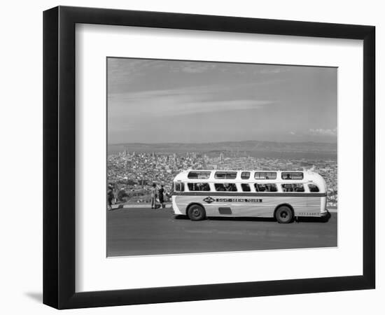 1950s Sightseeing Tour Bus Parked at Twin Peaks for View of San Francisco and Bay Area California-null-Framed Photographic Print