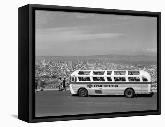 1950s Sightseeing Tour Bus Parked at Twin Peaks for View of San Francisco and Bay Area California-null-Framed Premier Image Canvas