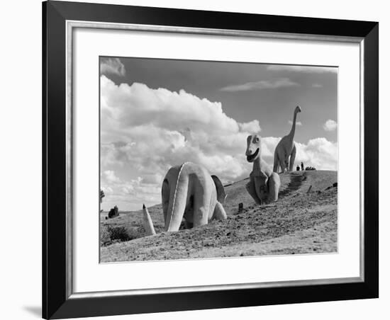 1950s Three Life-Size Dinosaur Statues on Hillside Dinosaur Park Established 1936 Rapid City-null-Framed Photographic Print