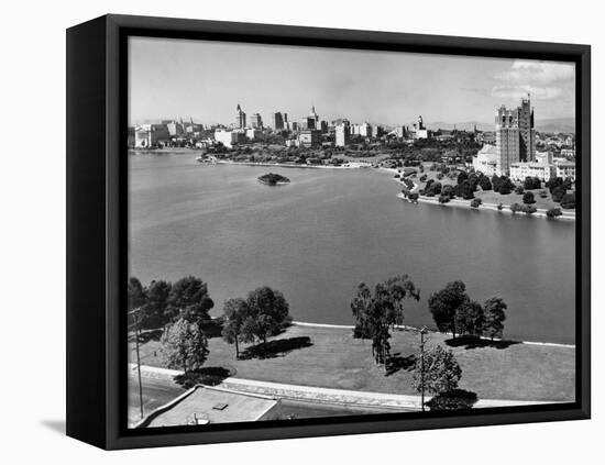 1950s with Lake Merritt in Foreground Skyline View of Oakland, California-null-Framed Premier Image Canvas