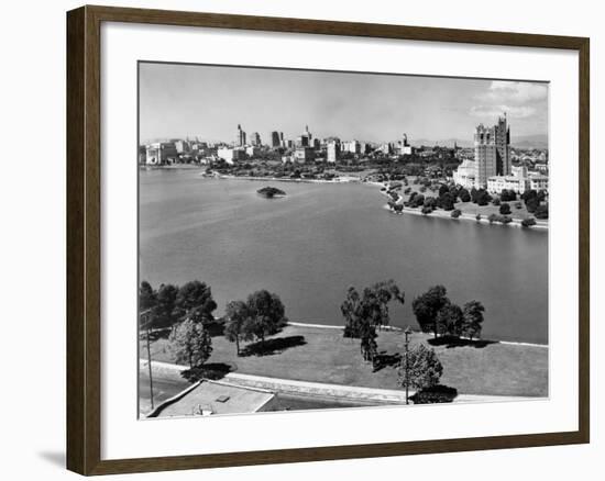 1950s with Lake Merritt in Foreground Skyline View of Oakland, California-null-Framed Photographic Print