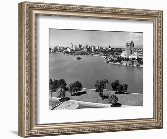 1950s with Lake Merritt in Foreground Skyline View of Oakland, California-null-Framed Photographic Print