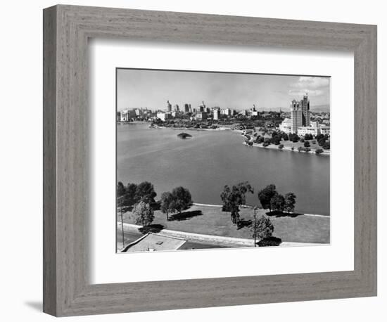 1950s with Lake Merritt in Foreground Skyline View of Oakland, California-null-Framed Photographic Print